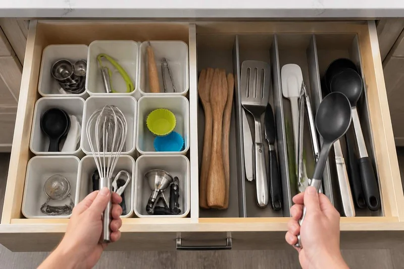Open kitchen drawer comparing small removable bins with adjustable divider zones.
