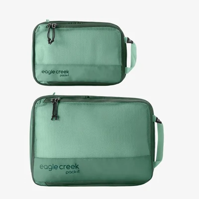 Willow Green Eagle Creek Pack-It Reveal Compression Cube Set with one small and one medium mesh-topped cube.