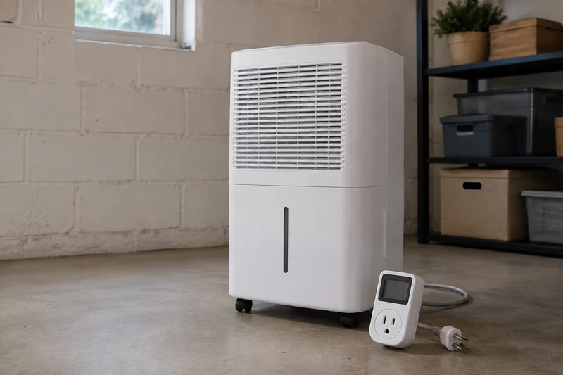 AI illustration of a dehumidifier beside a disconnected energy meter with no consumption reading.