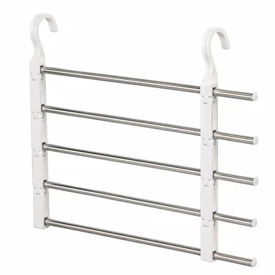 Original unbranded illustration of a white and stainless five-tier pants hanger on a plain background.