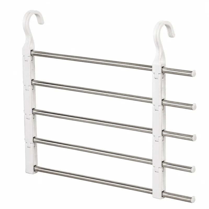 Original unbranded illustration of a white and stainless five-tier pants hanger on a plain background.