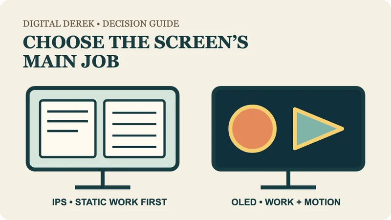 Original diagram comparing a 4K IPS monitor showing documents with a 4K OLED monitor showing mixed work and motion; screens are schematic, not product photographs.