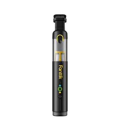 Exact black and yellow Fanttik Slim V10 APEX cordless car vacuum standing upright with its compact body and nozzle visible on a white background.