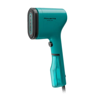 Teal Rowenta PurePop DR2024U1 handheld garment steamer shown upright on a white background.