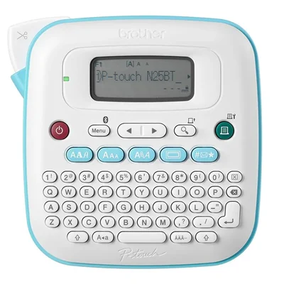 Official front view of the white-and-teal Brother P-touch PT-N25BT label maker with a full keyboard and preview screen.