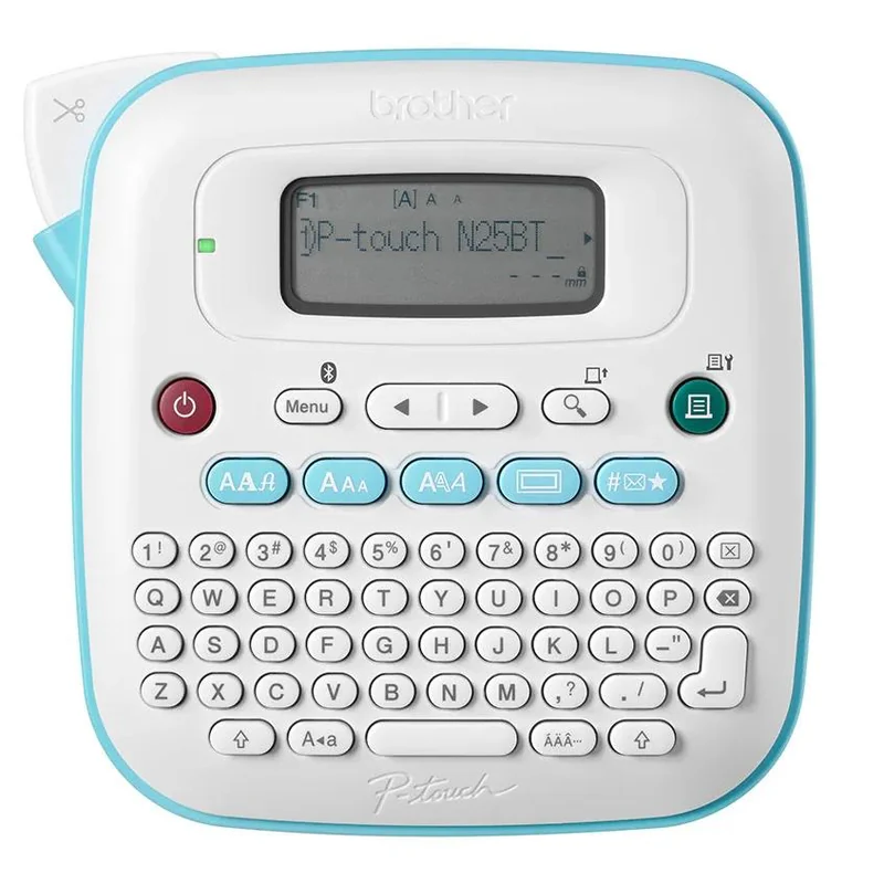 Official front view of the white-and-teal Brother P-touch PT-N25BT label maker with a full keyboard and preview screen.