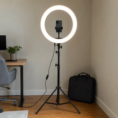 Original unbranded illustration of a full-size illuminated ring light and centered smartphone on a tall floor stand in a small office.