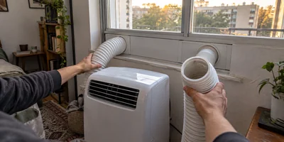 AI editorial image of hands comparing two generic portable-air-conditioner hose routes at an apartment window; no cooling result is shown.