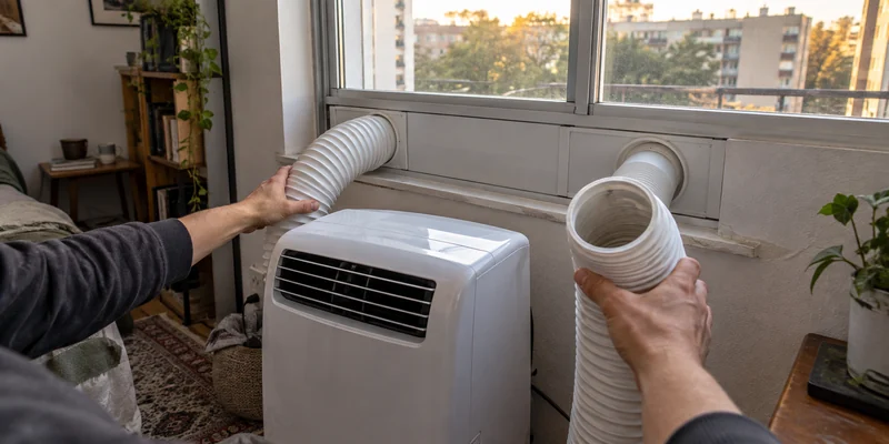 AI editorial image of hands comparing two generic portable-air-conditioner hose routes at an apartment window; no cooling result is shown.