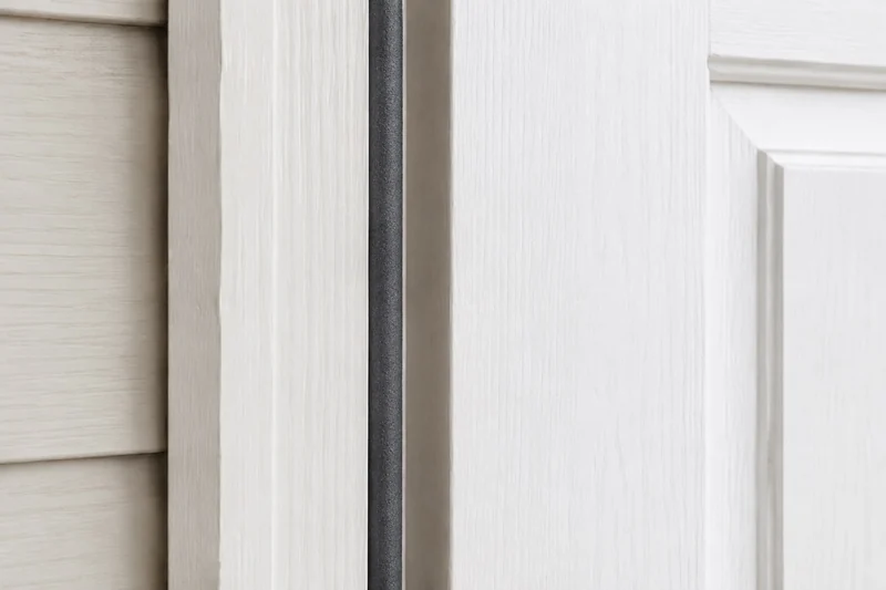 Close-up of a dark gray compression weatherstrip seated along a white exterior door jamb beside a slightly open white door.