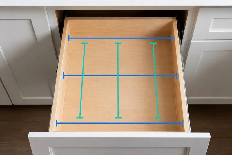 Open wooden drawer with three blue width lines and three turquoise depth lines.