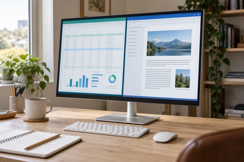 AI illustration of a single desktop monitor showing a document and spreadsheet in a bright home office.