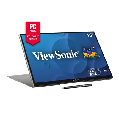 ViewSonic TD1656-2K portable touch monitor in landscape orientation with its folio stand.