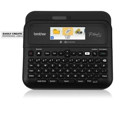 Official front view of the black Brother P-touch PT-D610BT label maker with a full keyboard, color display, and sample label strip.