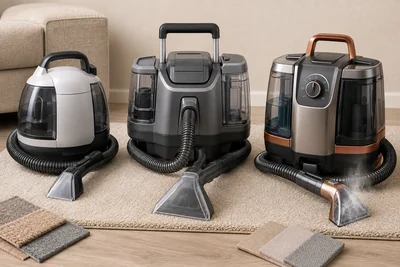 Three unbranded portable carpet-cleaner formats arranged for compact spot cleaning, larger patches, and steam-capable specialty work.
