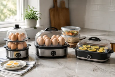 Three unbranded countertop egg-cooker formats arranged for all-around, large-batch, and egg-bite breakfast jobs.