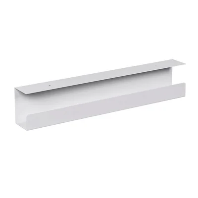 White Monoprice Workstream product 33815 low-profile steel under-desk cable tray on a white background.